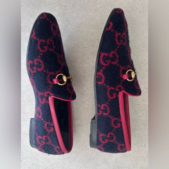 GUCCI Jordaan GG Monogram Horsebit Wool Flat Loafers Navy Blue & Red EU 37 US 7 - Picture 10 of 10